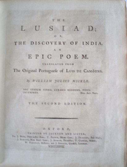 William Julius Mickle. The Lusiad; or, the Discovery of India. An Epic Poem. 1778 2nd edition